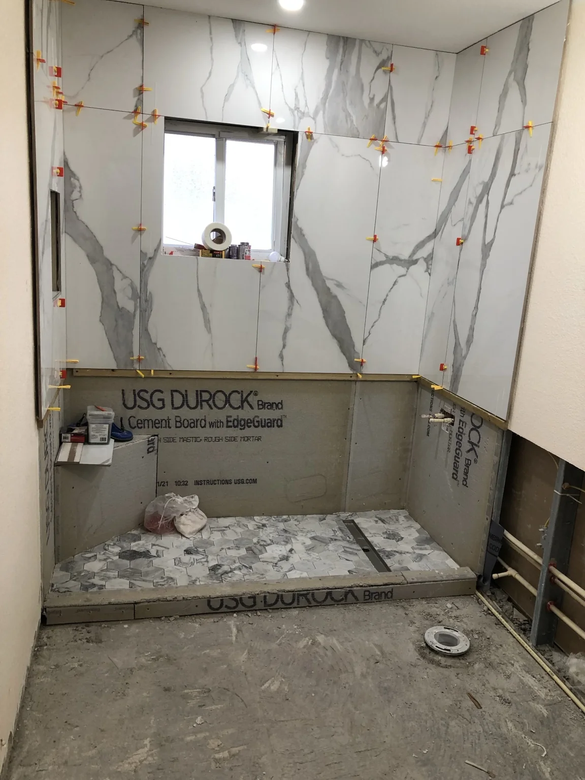 Bathroom during tile work