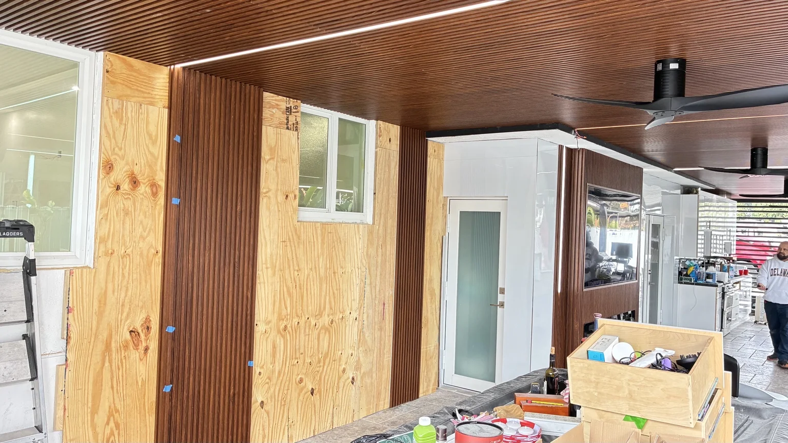 Outdoor living project with architectural ceiling