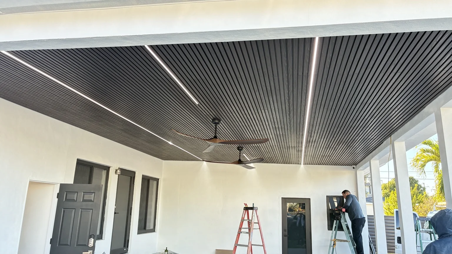 Covered patio ceiling and lighting
